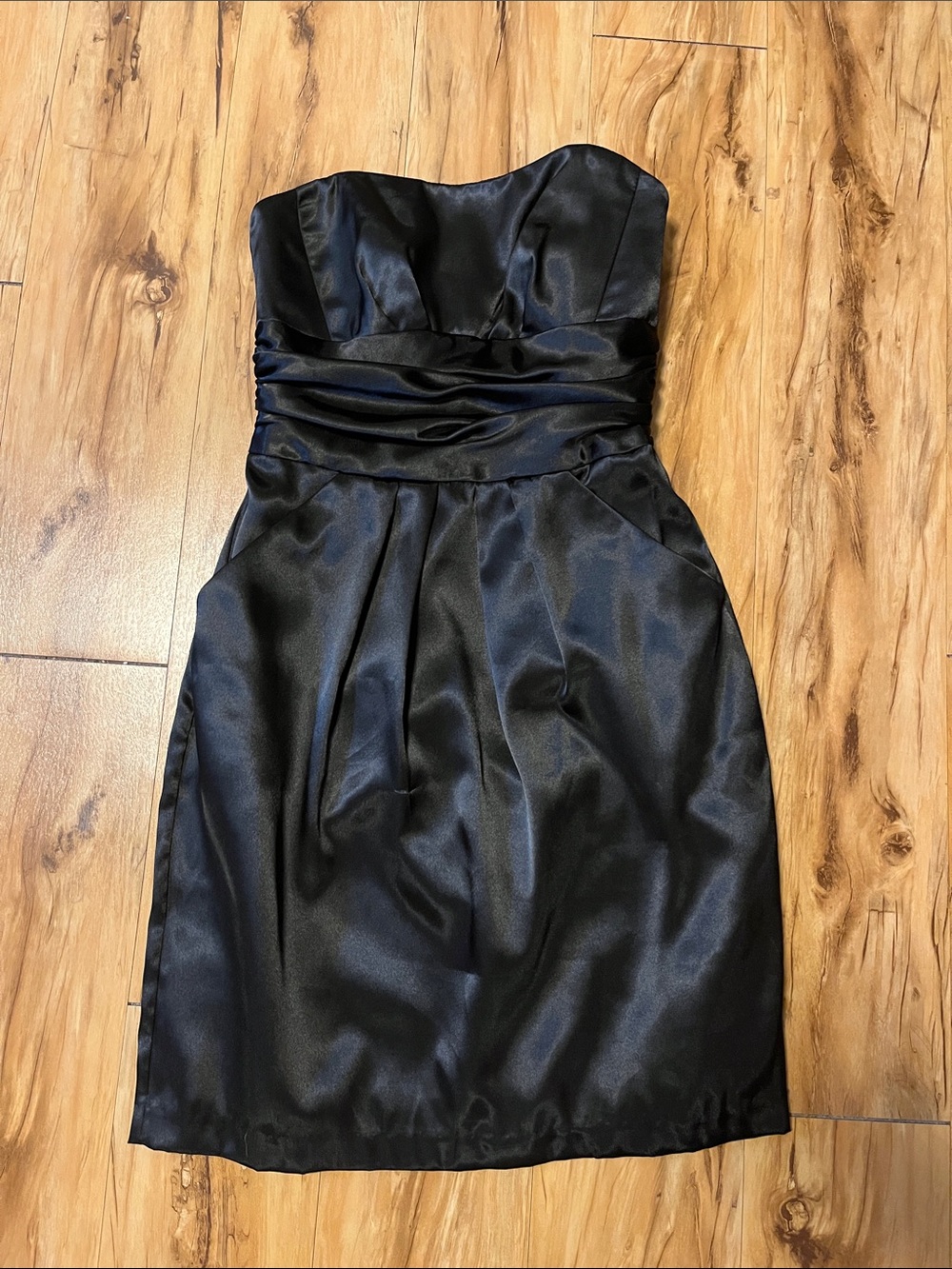 David's Bridal Strapless Black Satin Cocktail Dress With Pockets